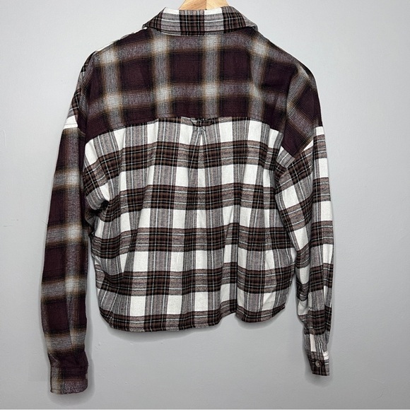 Just Polly Brown & Gray Plaid Button-Up Flannel Boxy Relaxed Shirt Size Small - Picture 3 of 6